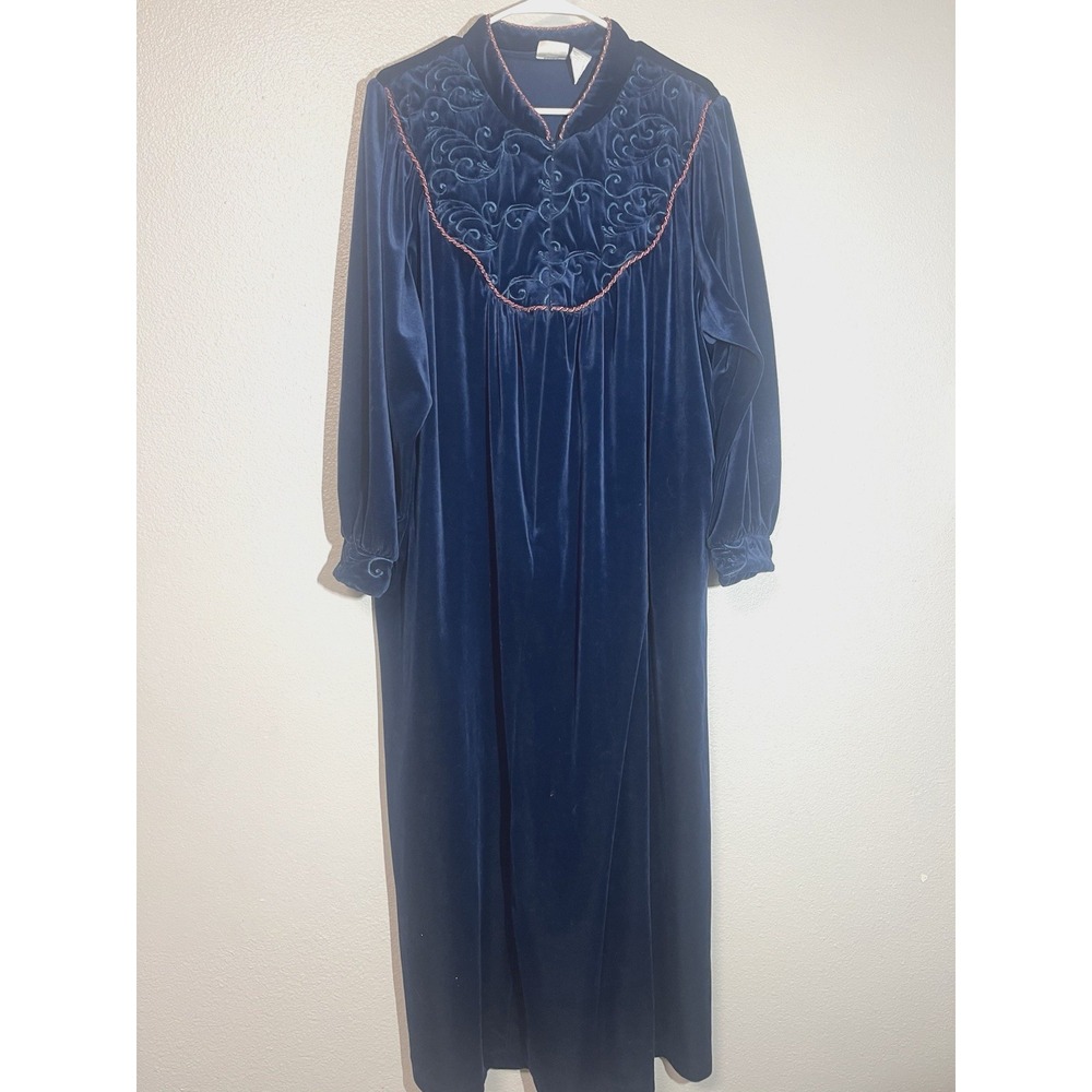 VTG Delicates Nightgown Womens 1X Blue Velour grannycore whimsigoth velvet